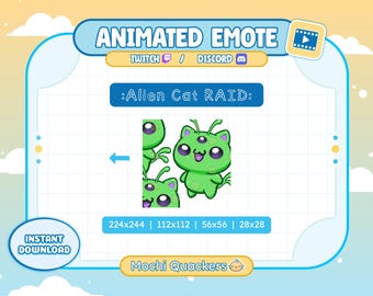 Puede incluir: Gráfico de emote animado con un gato alienígena verde con tres ojos y antenas. El texto dice ":Alien Cat RAID:" y "Mochi Quackers". Incluye dimensiones: 224x244, 112x112, 56x56 y 28x28.