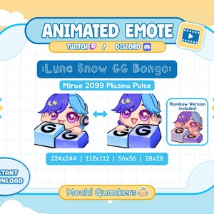 Op de afbeelding: Geanimeerde emote-afbeelding voor Twitch en Discord met een stripfiguur met blauw en paars haar, een koptelefoon en een maansymbool. Het personage houdt een blok vast met de letter "G". Tekst bevat "Luna Snow GG Bongo" en "Mirae 2099 Plasma Pulse".