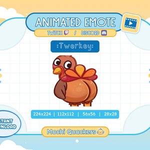 Könnte beinhalten: Animierte Emote-Grafik mit einem Cartoon-Truthahn mit braunem Körper, orangefarbenen und gelben Schwanzfedern und einem roten Schal. Der Text lautet ":Twerkey:" und "Mochi Quackers". Enthält die Größen 224x224, 112x112, 56x56 und 28x28.