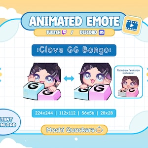 Puede incluir: Emote animado para Twitch y Discord que presenta un personaje de dibujos animados con cabello púrpura y ojos azules, sosteniendo un bloque con la letra "G". El texto dice ":Clove GG Bongo:" y "Descarga instantánea". Incluye una versión arcoíris.