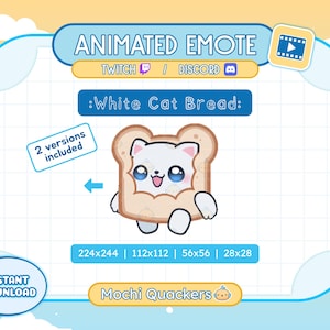 Puede incluir: Emoticono animado para Twitch y Discord que representa un gato blanco con ojos azules dentro de una rebanada de pan blanco. El emoticono está disponible en cuatro tamaños: 224x244, 112x112, 56x56 y 28x28. El texto "White Cat Bread" y "Mochi Quackers" también está incluido en la imagen.