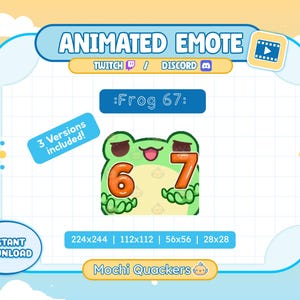 Puede incluir: Emoticón animado con una rana verde con los números 6 y 7. La imagen incluye el texto ":Frog 67:" y "¡3 Versiones incluidas!" en un diseño azul y blanco. La imagen también incluye el texto "Twitch" y "Discord".