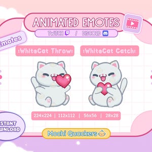 Peut inclure: Deux émojis animés représentant un chat blanc aux joues roses tenant un cœur rose. Le chat lance le cœur dans un émoji et le rattrape dans l'autre. Les émojis sont disponibles en quatre tailles : 224 x 224, 112 x 112, 56 x 56 et 28 x 28. Le texte « WhiteCat Throw » et « WhiteCat Catch » est affiché au-dessus des émojis. Le texte « Mochi Quackers » est affiché en dessous des émojis.