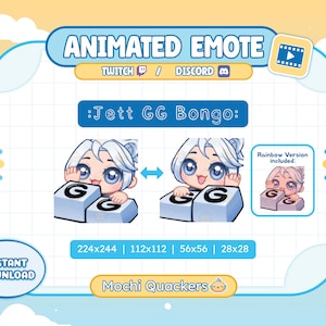 Può includere: Emote animata per Twitch e Discord con un personaggio dei cartoni animati con capelli bianchi e occhi blu, che tiene in mano due blocchi grigi con la lettera "G". Il testo recita "Jett GG Bongo". Include una versione arcobaleno.