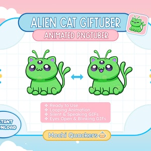 Può includere: Grafica digitale con un personaggio di gatto alieno verde con tre occhi e antenne. Il testo "ALIEN CAT GIFTUBER" e "ANIMATED PNGTUBER" sono visualizzati. Ulteriore testo indica che il personaggio è pronto per l'uso, con animazione in loop, GIF silenziose e parlanti e occhi lampeggianti.