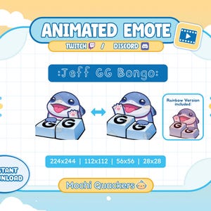 Może przedstawiać: Animowana emotka dla Twitch i Discord z niebieską postacią delfina z tekstem ":Jeff GG Bongo:" i literami "G" na jasnoniebieskim bloku. Zawiera wersję tęczową. Natychmiastowe pobieranie.