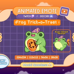 Könnte beinhalten: Animierte Emote-Grafik mit einem grünen Frosch, der einen Partyhut trägt und einen Kürbis hält. Der Text "Frog Trick-o-Treat" ist zu sehen. Enthält eine "Eyes Closed Version".