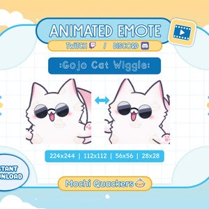 Emote Gojo ANIMADO | Gojo Cat Wiggle para Twitch e Discord, 4 tamanhos de gif | Emotes de meme de anime JJK, Streamer de gato branco fofo dançando waddle