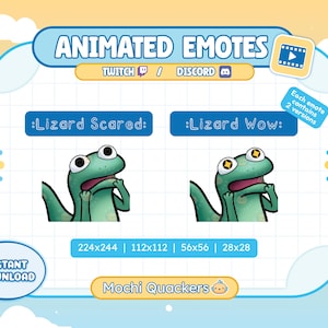 Puede incluir: Emoticonos animados para Twitch y Discord con un lagarto verde con expresiones de sorpresa. La imagen incluye el texto "Lizard Scared" y "Lizard Wow", con varias opciones de tamaño. Descarga instantánea disponible.