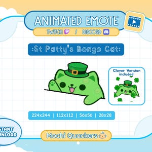 Animerad S:t Patricks dag-emoji - Grön Bongo-katt | Lucky Kitty-emoji för Twitch och Discord