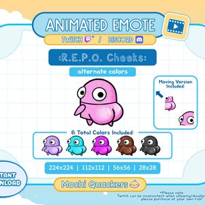Puede incluir: Emoticono animado de Twitch y Discord de un personaje de dibujos animados rosa con una expresión de sorpresa. El emoticono se llama "R.E.P.O. Cheeks" y está disponible en seis colores diferentes. El emoticono está disponible en cuatro tamaños: 224x224, 112x112, 56x56 y 28x28.