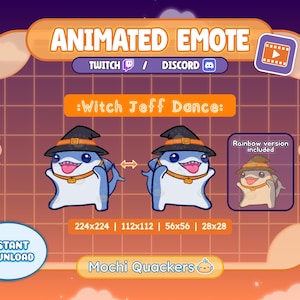 Puede incluir: Emoticón animado con un tiburón de dibujos animados azul con un sombrero de bruja, titulado "Witch Jeff Dance". Se incluye una versión arcoíris. El texto "DESCARGA INSTANTÁNEA", "TWITCH / DISCORD" y "Mochi Quackers" también se muestra.