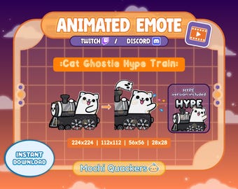 以下が含まれることがあります： 黒い電車に乗った白い猫の幽霊のアニメーション絵文字で、「Cat Ghostie Hype Train」と表示されています。サイズは224x224、112x112、56x56、28x28です。「即時ダウンロード」の文字も含まれています。