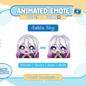 Puede incluir: Gráfico de emote animado para Twitch y Discord, con un personaje tímido de estilo anime con cabello blanco, reflejos morados y grandes ojos azules. El texto dice ":Sable Shy:" y "Descarga instantánea".