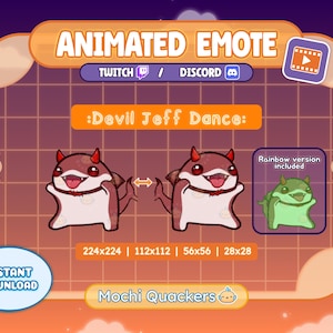 May include: Animated emote graphic featuring a cartoon devil character named "Devil Jeff Dance." The image includes the text "Animated Emote," Twitch and Discord logos, and size dimensions. A rainbow version is also included.