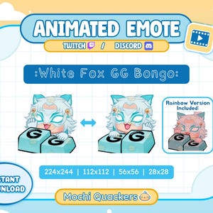 Puede incluir: Gráfico de emote animado con un personaje de zorro blanco con detalles azules, tocando un bongo. Se muestra el texto "White Fox GG Bongo", junto con las especificaciones de tamaño y las palabras "Descarga instantánea". También se incluye una versión arcoíris.
