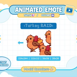 Könnte beinhalten: Animierte Emote-Grafik mit Zeichentrick-Truthähnen und dem Text ":Turkey RAID:". Die Truthähne sind orange mit braunen und roten Federn. Die Grafik enthält den Text "TWITCH" und "DISCORD" sowie die Wörter "SOFORT-DOWNLOAD" und "Mochi Quackers".