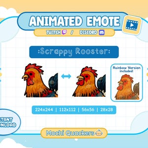 Puede incluir: Gráfico de emote animado con un gallo con cresta y barbilla rojas, plumas naranjas y amarillas y plumas de cola negras. El texto "Scrappy Rooster" está encima de la imagen. Incluye una versión arcoíris. La imagen está etiquetada como "Descarga instantánea".