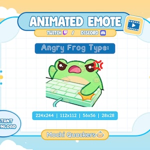 Op de afbeelding: Geanimeerde emote-afbeelding met een boos groen kikkerpersonage met rode wenkbrauwen en een roze mond, typend op een toetsenbord. De afbeelding bevat de tekst "Angry Frog Type:" en "Animated Emote" met maatopties en de woorden "Instant Download".
