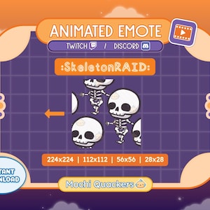 Peut inclure: Émoticône animée représentant un squelette sur un fond violet. L'émoticône est intitulée "SkeletonRAID". Le texte "TWITCH/DISCORD" est affiché au-dessus de l'émoticône. Le texte "224x224 | 112x112 | 56x56 | 28x28" est affiché sous l'émoticône. Le texte "Mochi Quackers" est affiché sous les informations de taille.
