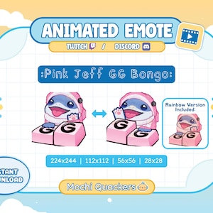 May include: Animated emote for Twitch and Discord. The image shows a blue and pink character with the text "Pink Jeff GG Bongo". Includes a rainbow version and various sizes for instant download.