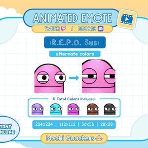 May include: An animated emote graphic for Twitch and Discord, featuring a pink character with two different eye expressions. The graphic includes the text ":R.E.P.O. Sus:" and "alternate colors". Six color variations are shown, with sizes ranging from 28x28 to 224x224 pixels.