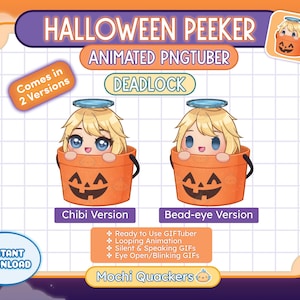 May include: An animated PNGTuber graphic with the text "HALLOWEEN PEEKER". The image features a cartoon character with blonde hair peeking out of an orange jack-o'-lantern bucket. The text "Chibi Version" and "Bead-eye Version" are also present.