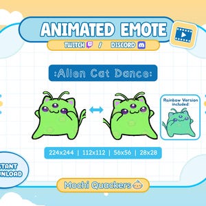 May include: Animated emote graphic for Twitch and Discord, showing a green alien cat dancing. The image includes the text "Alien Cat Dance" and size specifications. A rainbow version is also included. Instant download.