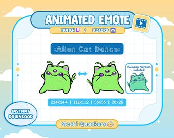 Puede incluir: Gráfico de emote animado para Twitch y Discord con un gato alienígena verde bailando. La imagen incluye el texto "Alien Cat Dance" y especificaciones de tamaño. También se incluye una versión arcoíris. Descarga instantánea.