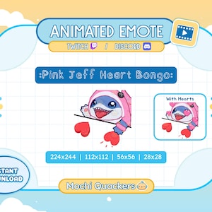 Può includere: Emoticon animata Twitch e Discord con un personaggio di squalo Jeff rosa con cuori. L'emoticon è disponibile in quattro dimensioni: 224x244, 112x112, 56x56 e 28x28.