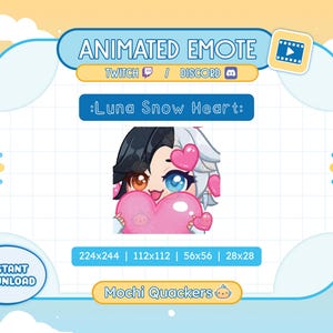 ANIMATED Emote | Luna Snow Love Emote for Twitch Stream & Discord, 4 gif sizes | Cute Kawaii Rivals Luna Chibi Heart Vday Valentines Alert
