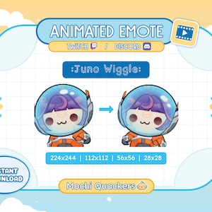 Puede incluir: Emoticono animado para Twitch y Discord con un personaje de dibujos animados con cabello morado que lleva un casco azul y un traje espacial naranja. El emoticono se titula "Juno Wiggle" y está disponible en cuatro tamaños: 224x244, 112x112, 56x56 y 28x28. El emoticono está creado por Mochi Quackers.