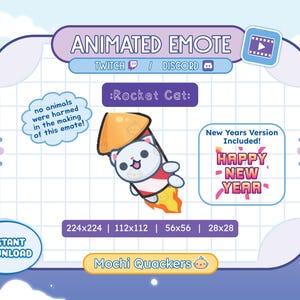 Pode incluir: Emoticon animado de um gato branco vestindo um traje de foguete vermelho e branco. O gato está voando pelo ar com um rastro de fogo atrás. O emoticon está disponível em quatro tamanhos diferentes: 224x224, 112x112, 56x56 e 28x28. O texto "Rocket Cat" é exibido acima do emoticon. O texto "New Years Version Included! Happy New Year" é exibido em uma caixa vermelha e branca abaixo do emoticon. O texto "Mochi Quackers" é exibido abaixo dos tamanhos.