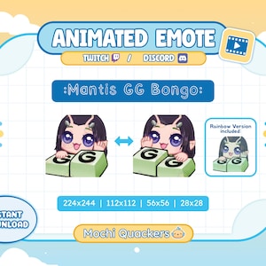 Może przedstawiać: Animowana emotka przedstawiająca kreskówkową modliszkę z fioletowymi włosami i dużymi oczami, trzymającą zielone bloki z literą "G". Obraz zawiera tekst "Mantis GG Bongo" i "Natychmiastowe pobieranie".
