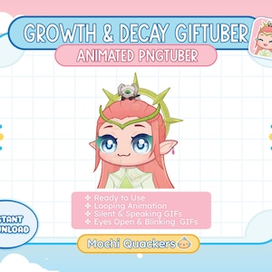 May include: Animated PNGtuber character with pink hair, green eyes, and a green crown. The character is wearing a white shirt with a green collar and a green bow tie. The character is surrounded by a pink and green background with the text "Growth & Decay Giftuber" and "Animated PNGtuber".