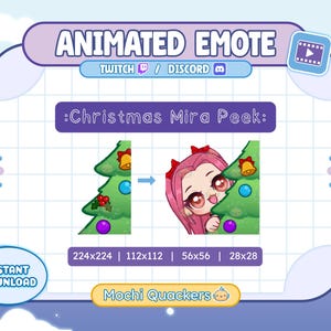 Może przedstawiać: Animowana grafika emotikonu z tekstem "ANIMATED EMOTE" i "TWITCH / DISCORD". Grafika przedstawia choinkę i postać z kreskówki z różowymi włosami, która wygląda. Obecny jest również tekst ":Christmas Mira Peek:"