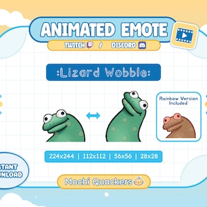 以下が含まれることがあります： 「Lizard Wobble」とラベル付けされた、大きな目を持つ緑色のトカゲを特徴とするアニメーション絵文字デザイン。画像には、レインボーバージョンと、TwitchとDiscordのさまざまなサイズオプションが含まれています。デザインは、水色と黄色の背景に設定されています。