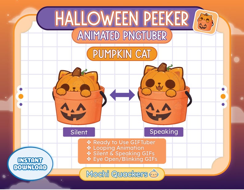 This product is an animated PNGTuber for Halloween of a cute Pumpkin Cat in a Halloween bucket peeking in and out of an orange Halloween bucket. It is voice reactive, so when you speak, it peeks up! It is like playing peek a boo with your viewers!