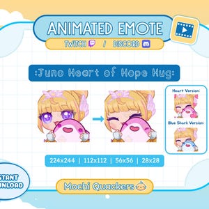 Puede incluir: Emoticono animado para Twitch y Discord que presenta a una niña de dibujos animados con cabello rubio y ojos azules abrazando un peluche rosa en forma de corazón. El emoticono está disponible en cuatro tamaños: 224x244, 112x112, 56x56 y 28x28. El texto "Juno Heart of Hope Hug" se muestra encima del emoticono.