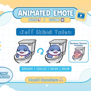 May include: Animated emote graphic featuring a blue cartoon character in a toilet, labeled ":Jeff Skibidi Toilet:". Includes a rainbow version. The graphic is for Twitch and Discord, with various size options.