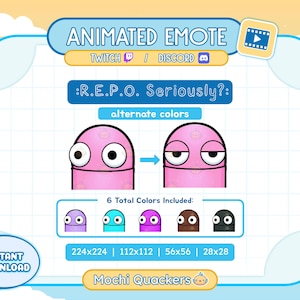 May include: Animated Twitch and Discord emote featuring a pink cartoon character with large eyes and a surprised expression. The text ':R.E.P.O. Seriously?:' is displayed above the character. The emote is available in six different colour variations, including purple, blue, pink, brown, and black.