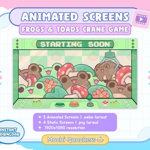 May include: A digital graphic featuring a crane game with cartoon frogs, toads, and mushrooms. The game screen displays the text "STARTING SOON." Additional text includes "ANIMATED SCREENS," "FROGS & TOADS CRANE GAME," and "INSTANT DOWNLOAD." The graphic is labeled "Mochi Quackers."