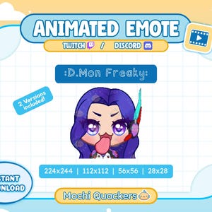 Könnte beinhalten: Ein animiertes Emote mit einer Figur mit langem violettem Haar, großen violetten Augen und herausgestreckter Zunge. Der Text lautet ANIMATED EMOTE, TWITCH, DISCORD, :D.Mon Freaky:, 2 Versions included!, 224x244 | 112x112 | 56x56 | 28x28, INSTANT DOWNLOAD und Mochi Quackers.