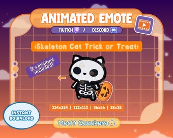 May include: Animated emote featuring a skeleton cat holding a jack-o'-lantern. The design includes the text "Animated Emote," "Twitch," and "Discord." The image also states "Skeleton Cat Trick or Treat" and "Instant Download."