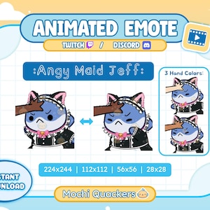 Puede incluir: Emoticón animado de un gato azul con un disfraz de doncella, etiquetado ":Angy Maid Jeff:". La imagen incluye el texto "Descarga instantánea" y "Mochi Quackers". La imagen también muestra el emoticón en diferentes tamaños.