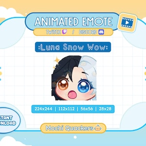 Pode incluir: Emoticon animado com um personagem de desenho animado com cabelo azul e branco, olhos castanhos e boca rosa. O personagem está vestindo uma camisa branca com colarinho azul. O emoticon é intitulado "Luna Snow Wow" e está disponível em quatro tamanhos: 224x244, 112x112, 56x56 e 28x28. O emoticon está disponível para download instantâneo de Mochi Quackers.
