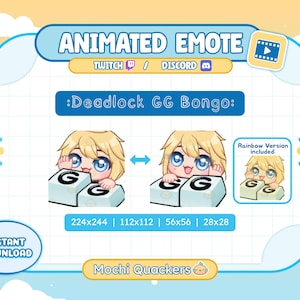 May include: Animated emote graphic for Twitch and Discord, featuring a cartoon character with blonde hair and blue eyes. The character is holding a block with the letter "G" on it. The text "Deadlock GG Bongo" is displayed.