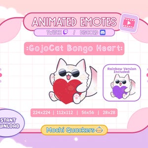Könnte beinhalten: Animiertes Twitch- und Discord-Emote mit einer weißen Katze, die ein rotes Herz hält. Das Emote heißt "GojoCat Bongo Heart" und ist in verschiedenen Größen erhältlich, darunter 224x224, 112x112, 56x56 und 28x28 Pixel. Eine Regenbogenversion des Emotes ist ebenfalls enthalten.