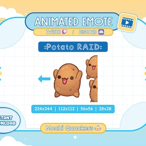 Op de afbeelding: Geanimeerde Twitch- en Discord-emote met een cartoon-aardappel met een gelukkige uitdrukking. De emote is beschikbaar in vier formaten: 224x244, 112x112, 56x56 en 28x28. De emote heet "Potato RAID" en is van de maker "Mochi Quackers".
