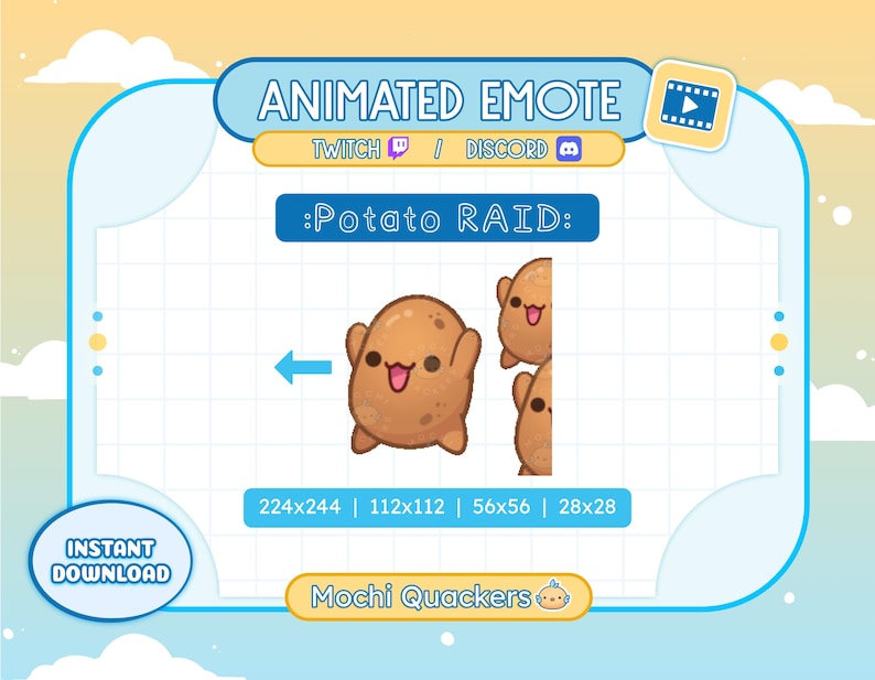 This animated emote is potato emote, where a potatoes RAID the screen, running across stream. These cute potatoes are ready to visit other streamers & your twitch chat. Perfect for couch potatoes, potato vtubers, new streamers, and food vloggers!